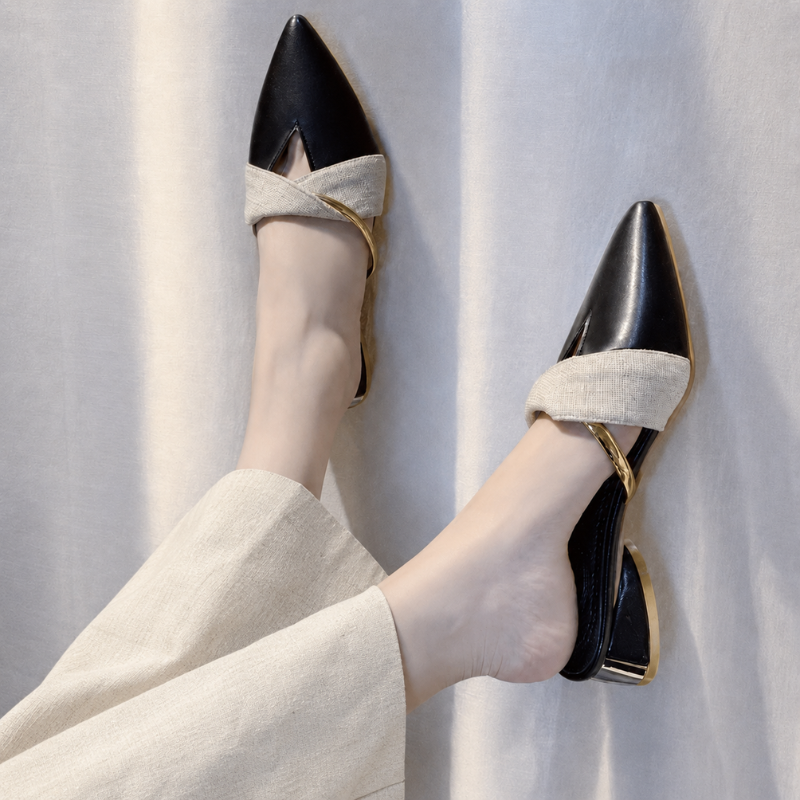 Women's leather sandals detail view — versatile — Evelyn Pointed Toe Mules — Oscar Blackwood