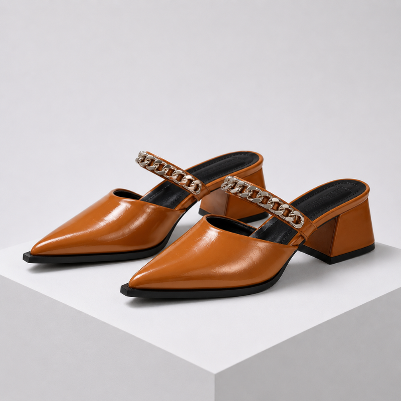 Women's brown heels styled look — elegant — Cassandra Pointed Toe Chain Mules — Oscar Blackwood