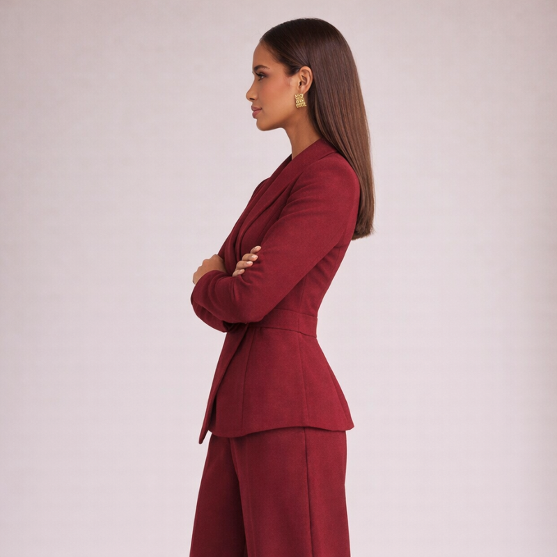 Women's burgundy knit pants back view — versatile — Brauere 2 Pieces Set — Oscar Blackwood
