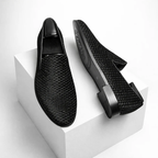Men's black velvet loafers color detail — versatile — Benedict Velvet Flat Shoes — Oscar Blackwood