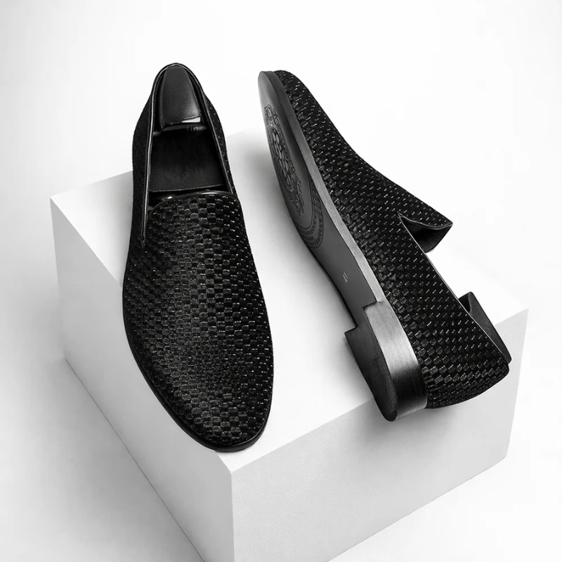 Men's black velvet loafers color detail — versatile — Benedict Velvet Flat Shoes — Oscar Blackwood