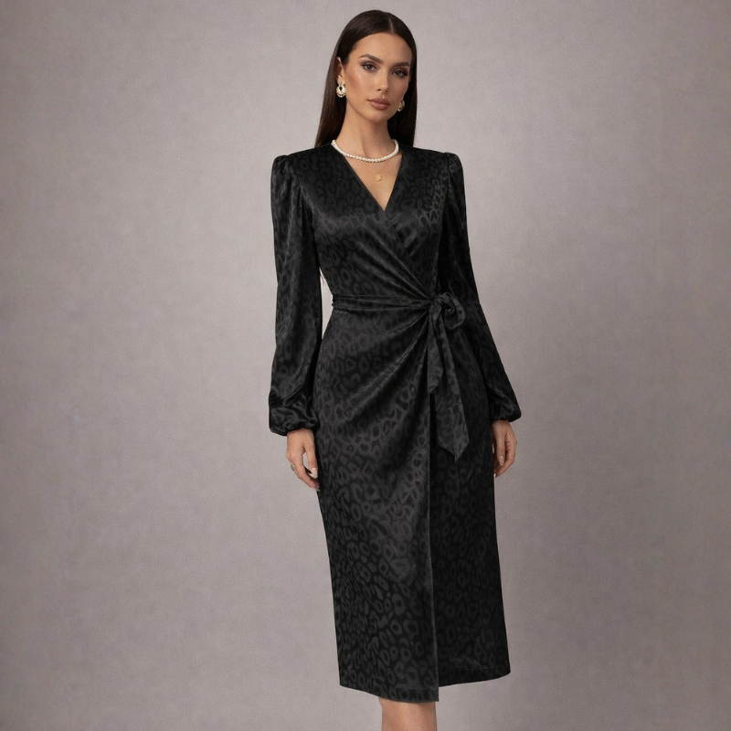 Women's black leopard dress back view — chic — Nica Leopard Wrap Dress — Oscar Blackwood