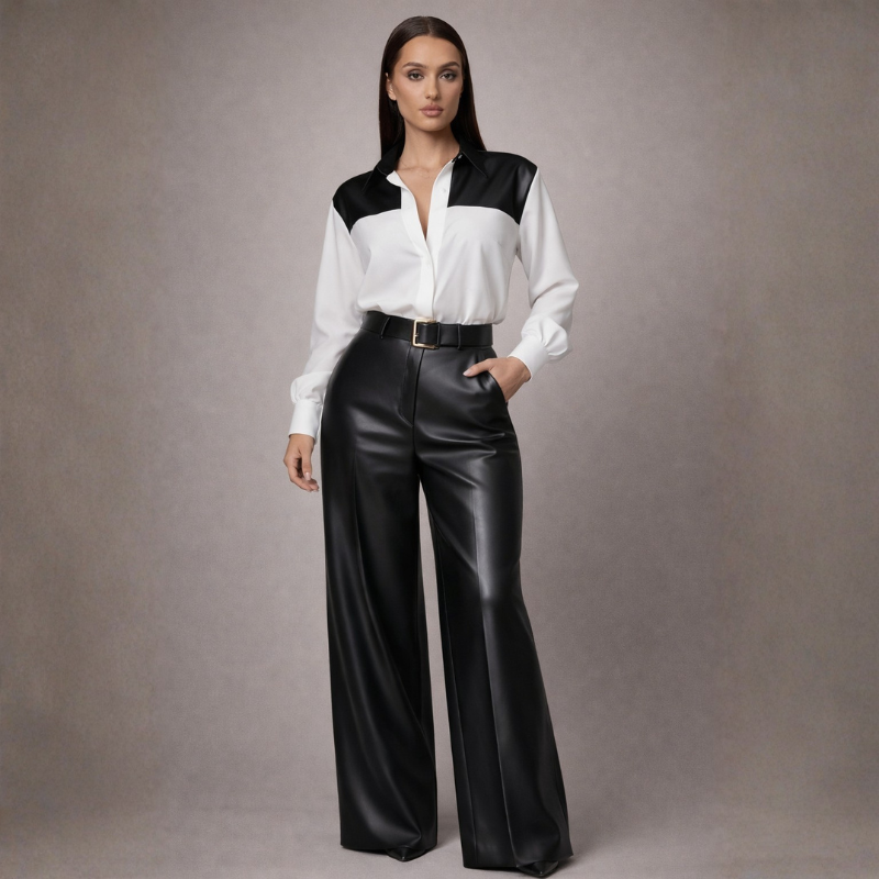 Women's black leather pants alternate angle — versatile — Suzanne 2 Piece Set — Oscar Blackwood