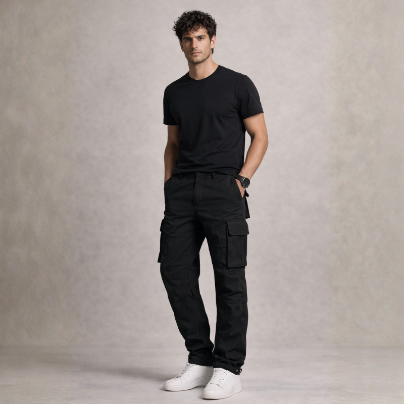 Men's black cotton pants alternate angle — versatile — Stanley Cargo Pants — Oscar Blackwood