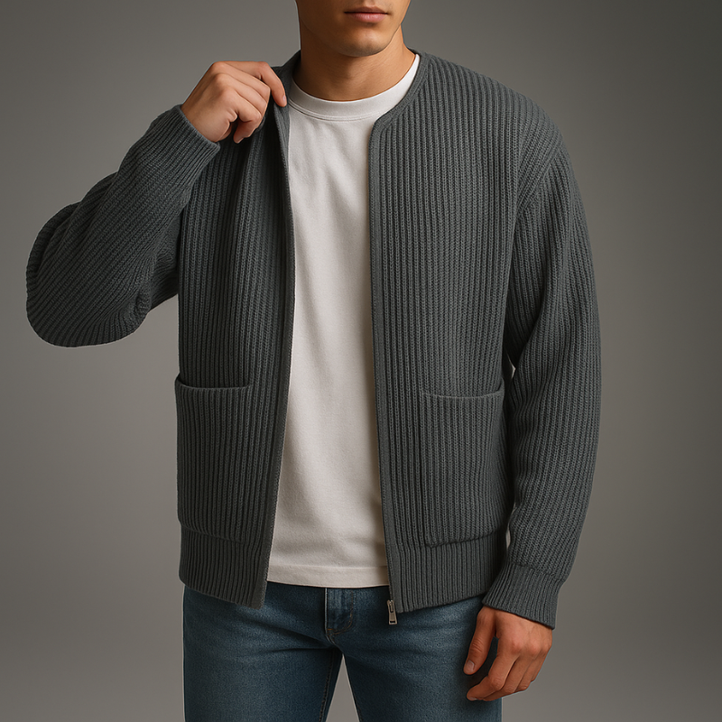Men's gray ribbed cardigan back view — cozy — Oliver Knit Zip Cardigan — Oscar Blackwood