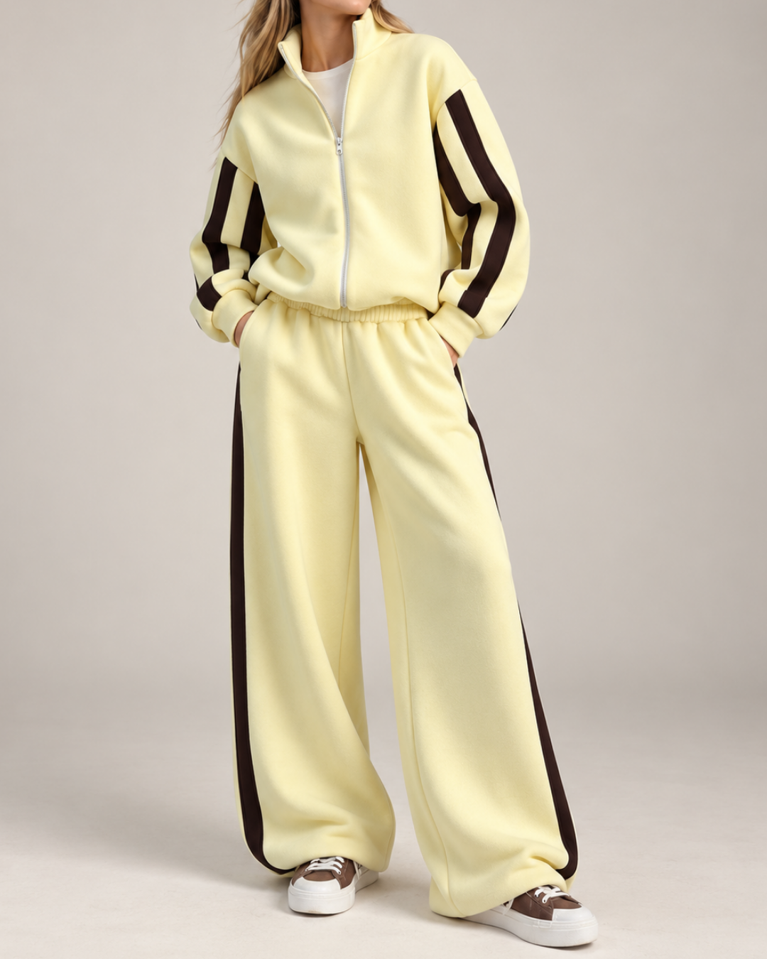 Women's yellow striped pants alternate angle — versatile — Mona Striped 2 Piece Set — Oscar Blackwood