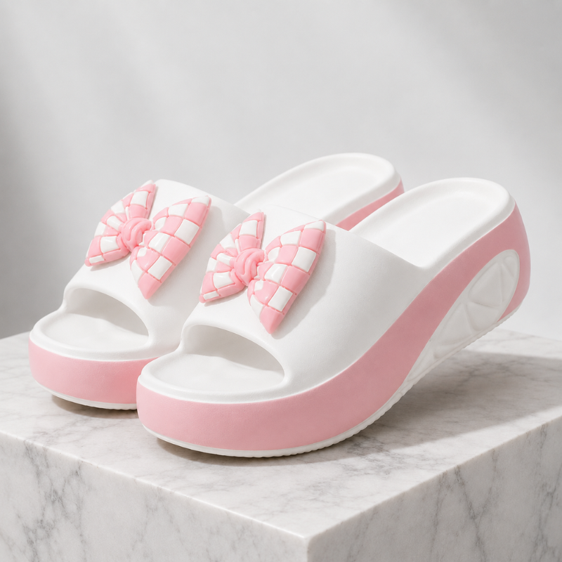 Women's pink checkered sandals styled look — versatile — Vivi Bow Platform Sandals — Oscar Blackwood