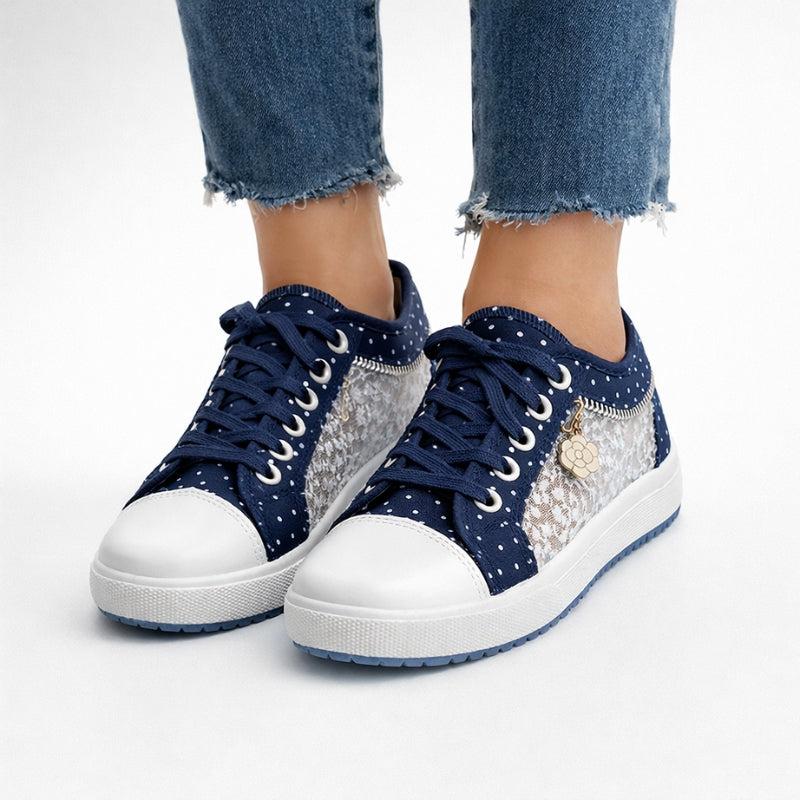 Women's lace sneakers back view — casual — Stacy Denim Lace Sneakers — Oscar Blackwood