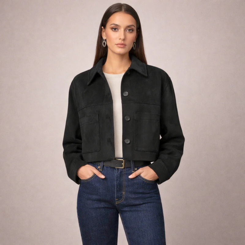 Women's black suede jacket alternate angle — outerwear — Marissa Suede Crop Jacket — Oscar Blackwood