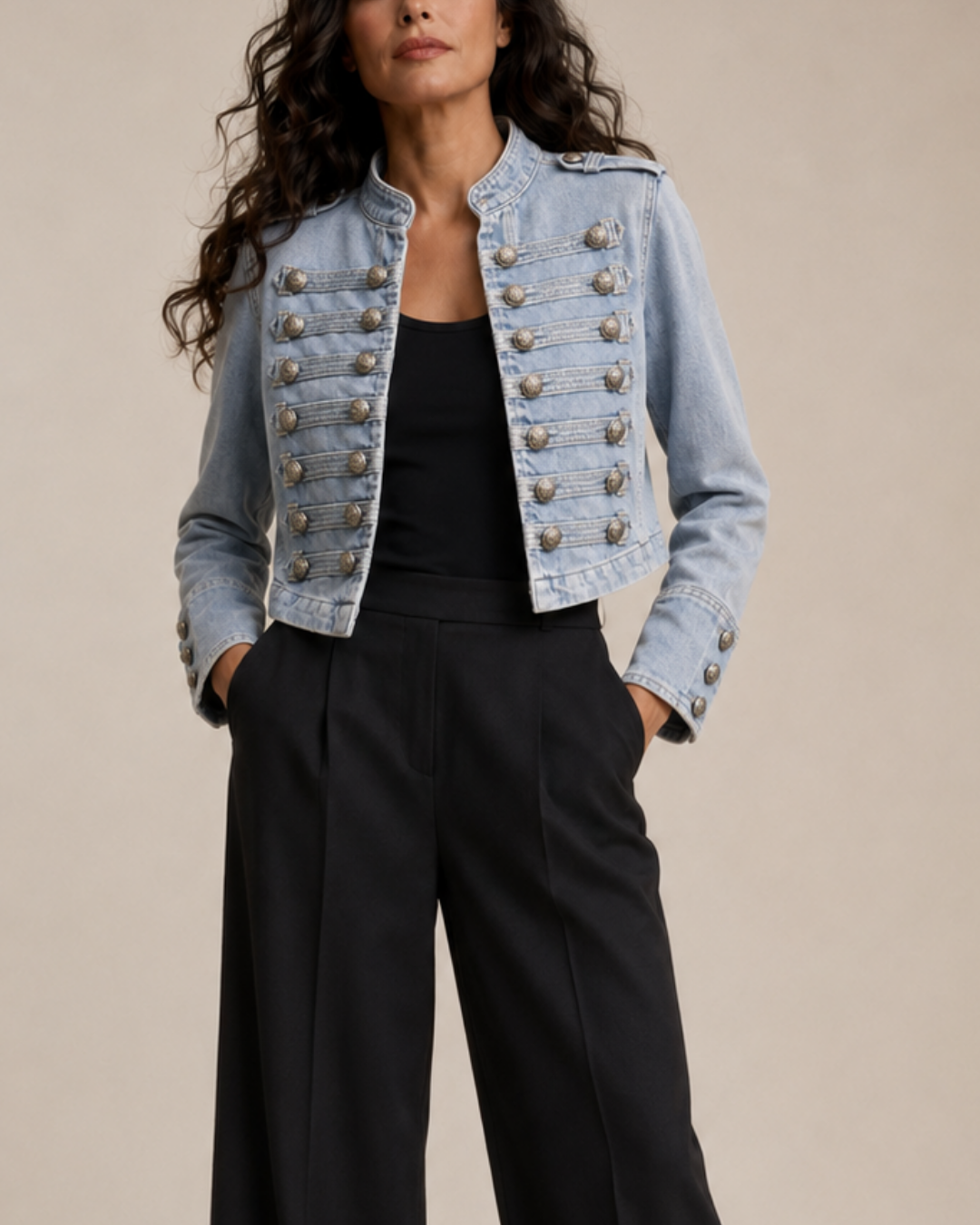 Women's denim jacket styled look — outerwear — Alexandra Military Jacket — Oscar Blackwood
