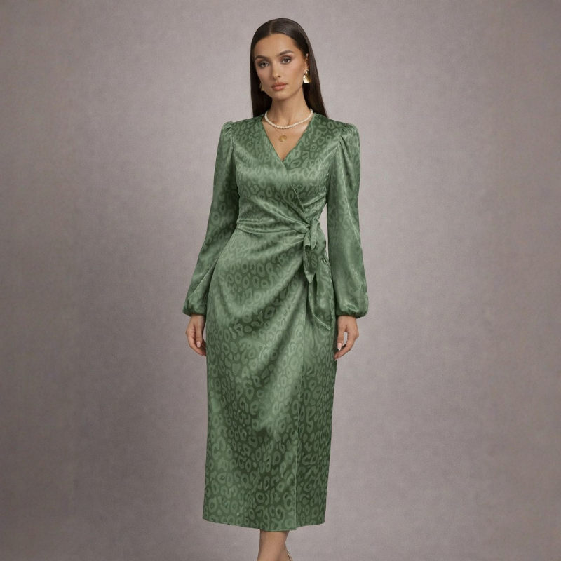 Women's green leopard dress styled look — chic — Nica Leopard Wrap Dress — Oscar Blackwood