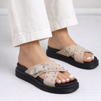 Women's beige sandals detail view — versatile — Cindy Buckle Sandals — Oscar Blackwood