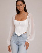 Women's white chiffon juliette side view — versatile — Juliette Corset Blouse — Oscar Blackwood