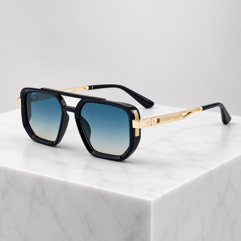 Women's blue sunglasses close-up — statement — Addison Aviator Sunglasses — Oscar Blackwood