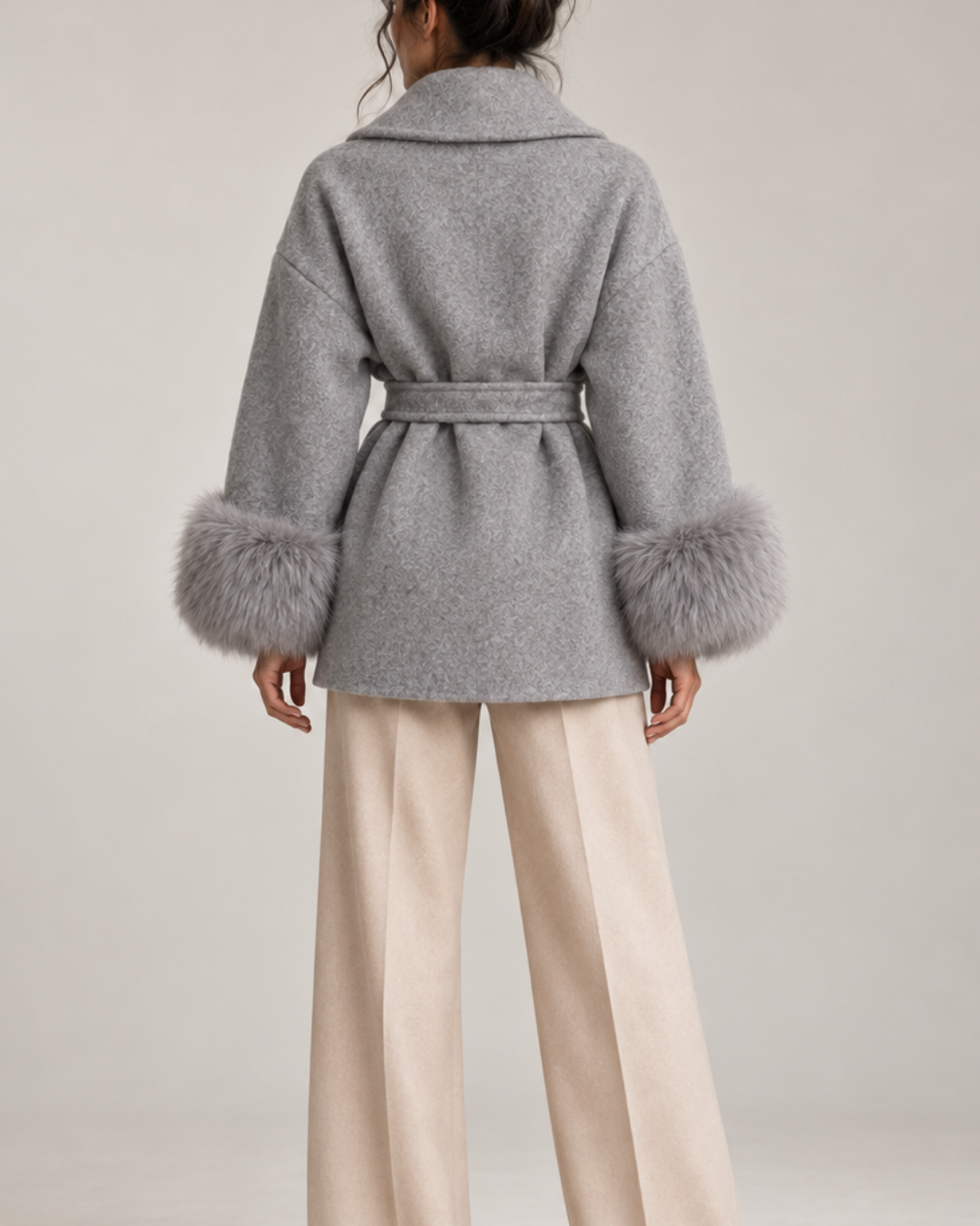 Women's jacket close-up — outerwear — Fiorella Faux Fur Sleeve Coat — Oscar Blackwood