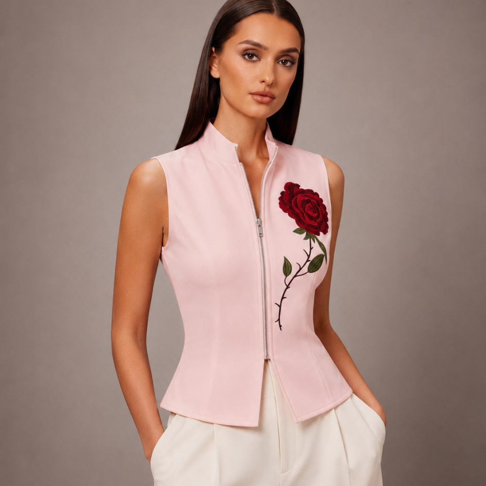 Women's floral rosalia close-up — versatile — Rosalia Zipper Vest — Oscar Blackwood
