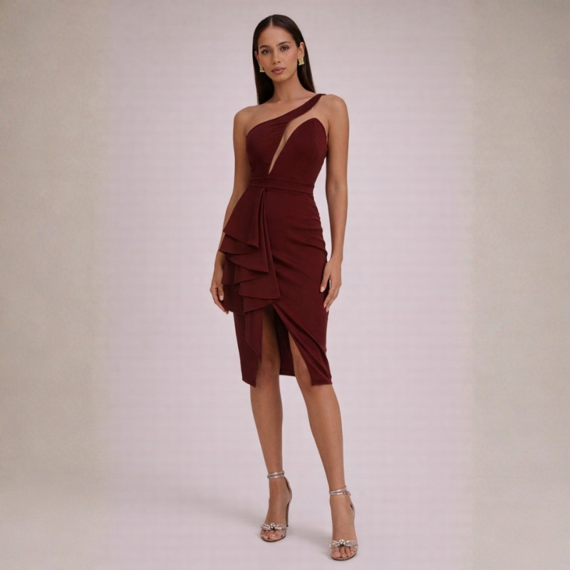 Women's burgundy dress back view — chic — Genevieve Slit Dress — Oscar Blackwood