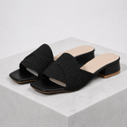 Women's black woven sandals styled look — summer — Iris Woven Slide Sandals — Oscar Blackwood