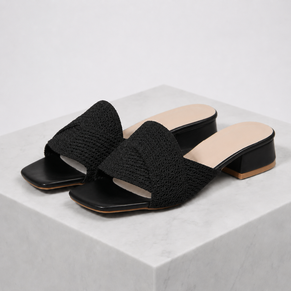 Women's black woven sandals styled look — summer — Iris Woven Slide Sandals — Oscar Blackwood