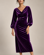 Women's purple velvet dress side view — chic — Claudia Velvet Midi Dress — Oscar Blackwood