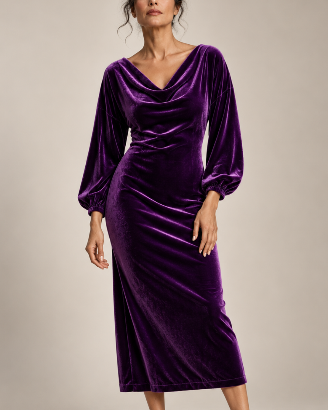 Women's purple velvet dress side view — chic — Claudia Velvet Midi Dress — Oscar Blackwood