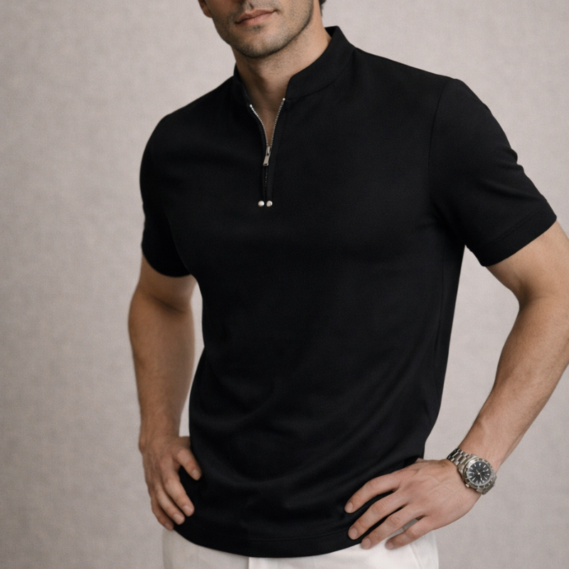 Men's tan cotton noah side view — versatile — Noah Stand Collar T-Shirt — Oscar Blackwood