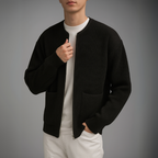 Men's black ribbed cardigan alternate angle — cozy — Oliver Knit Zip Cardigan — Oscar Blackwood