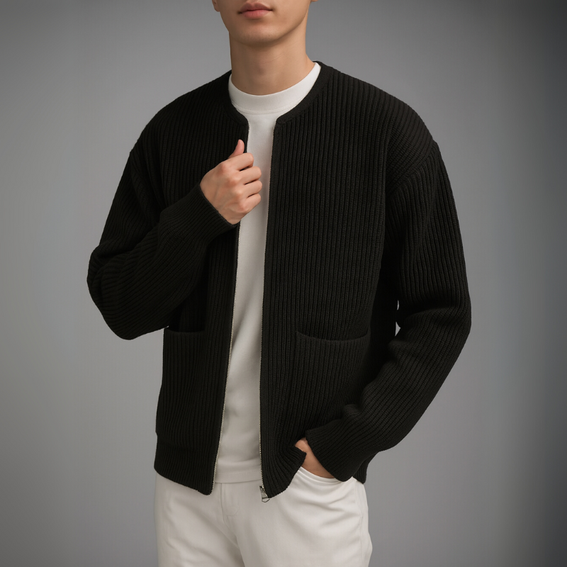 Men's black ribbed cardigan alternate angle — cozy — Oliver Knit Zip Cardigan — Oscar Blackwood