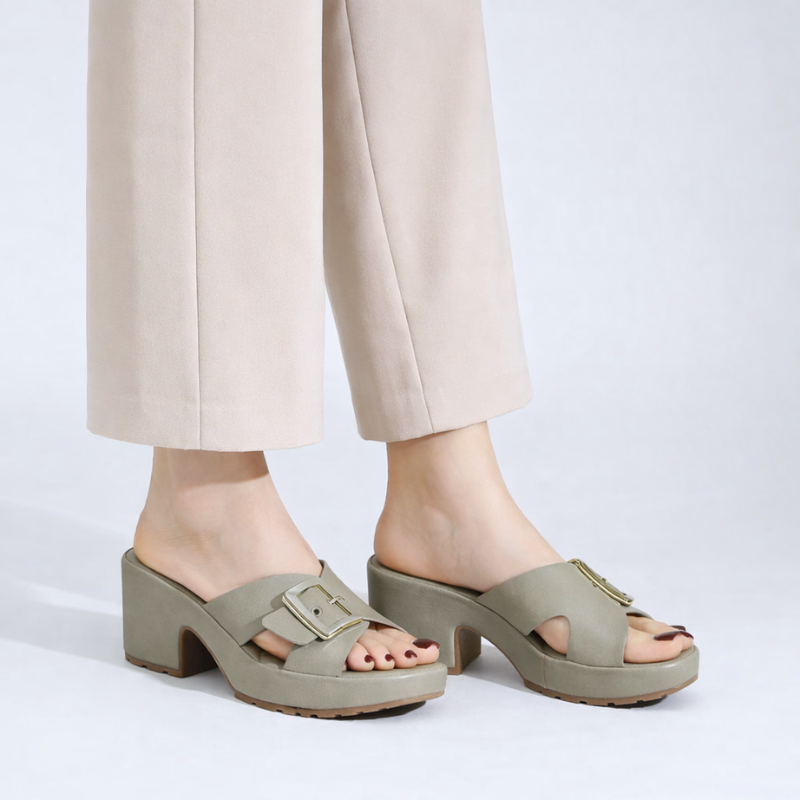 Women's green ribbed heels side view — summer — Klara Orthopedic Platform Sandals — Oscar Blackwood