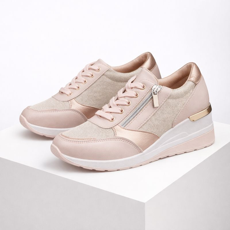 Women's pink lace sneakers back view — casual — Bailey Wedge Heel Sneakers — Oscar Blackwood