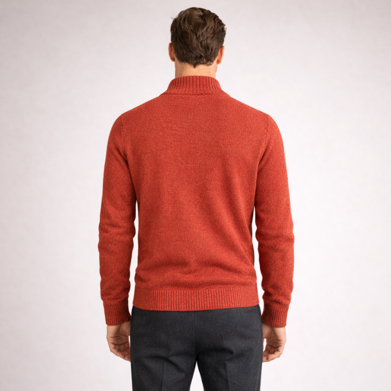 Men's red knit cardigan styled look — cozy — Steward Zipper Cardigan — Oscar Blackwood