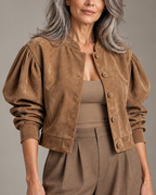 Women's beige suede jacket alternate angle — outerwear — Vivian Suede Bomber — Oscar Blackwood