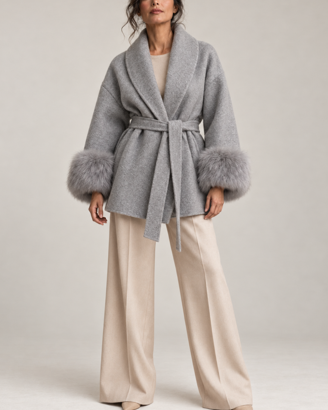 Women's gray jacket front view — outerwear — Fiorella Faux Fur Sleeve Coat — Oscar Blackwood