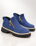 Women's blue suede boots styled look — rugged — Angelina Ankle Boots — Oscar Blackwood