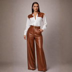Women's brown leather pants side view — versatile — Suzanne 2 Piece Set — Oscar Blackwood
