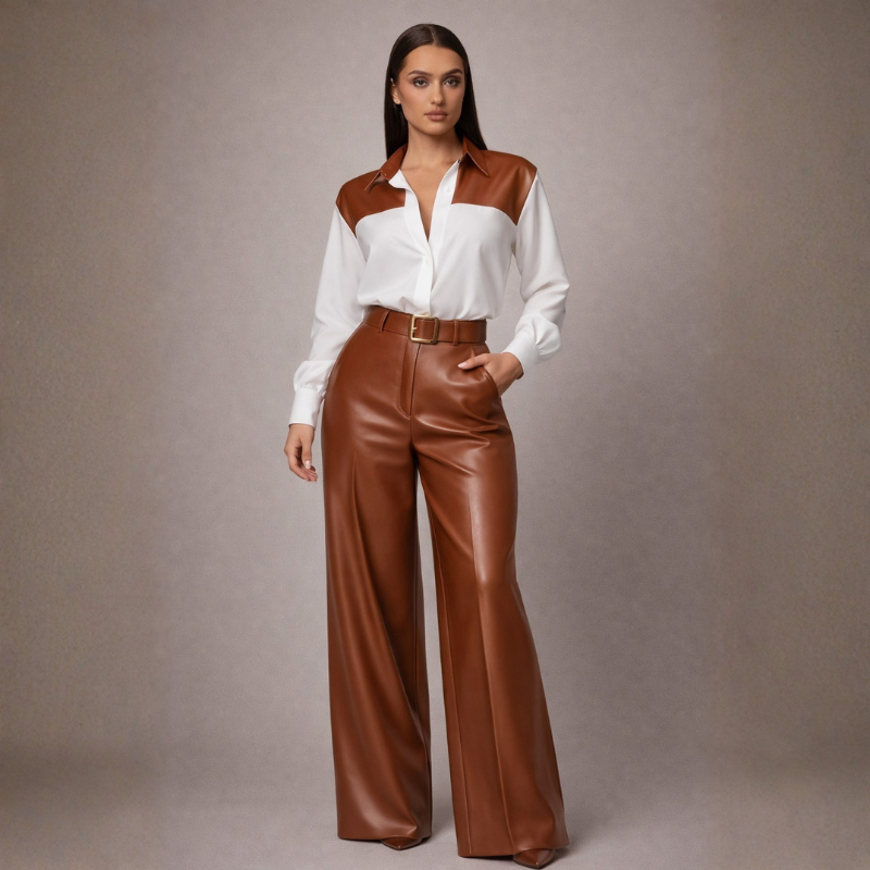 Women's brown leather pants side view — versatile — Suzanne 2 Piece Set — Oscar Blackwood