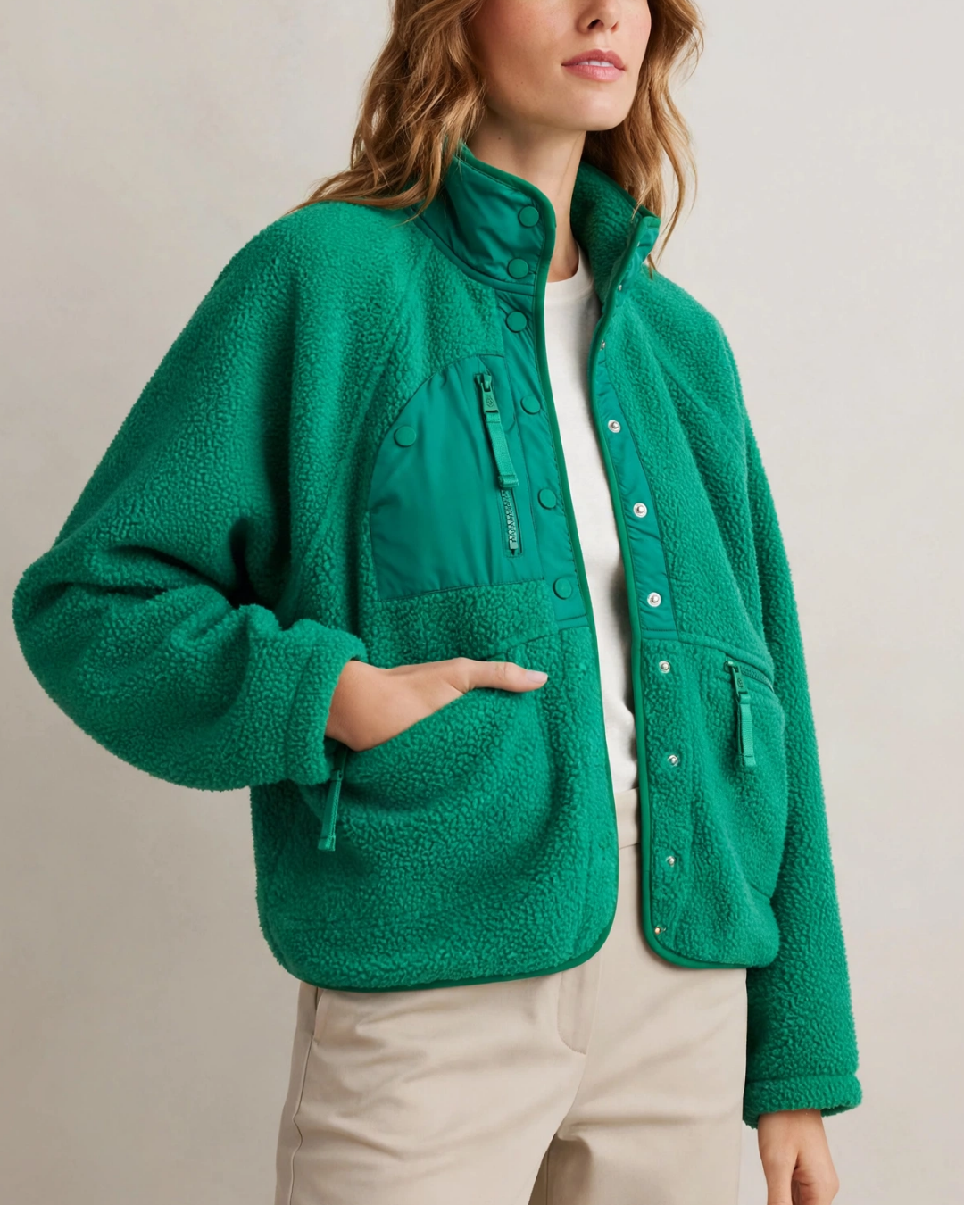 Women's green textured jacket back view — outerwear — Embla Fleece Jacket — Oscar Blackwood