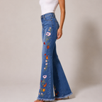 Women's red floral jeans side view — casual — Flora Embroidered Flare Jeans — Oscar Blackwood