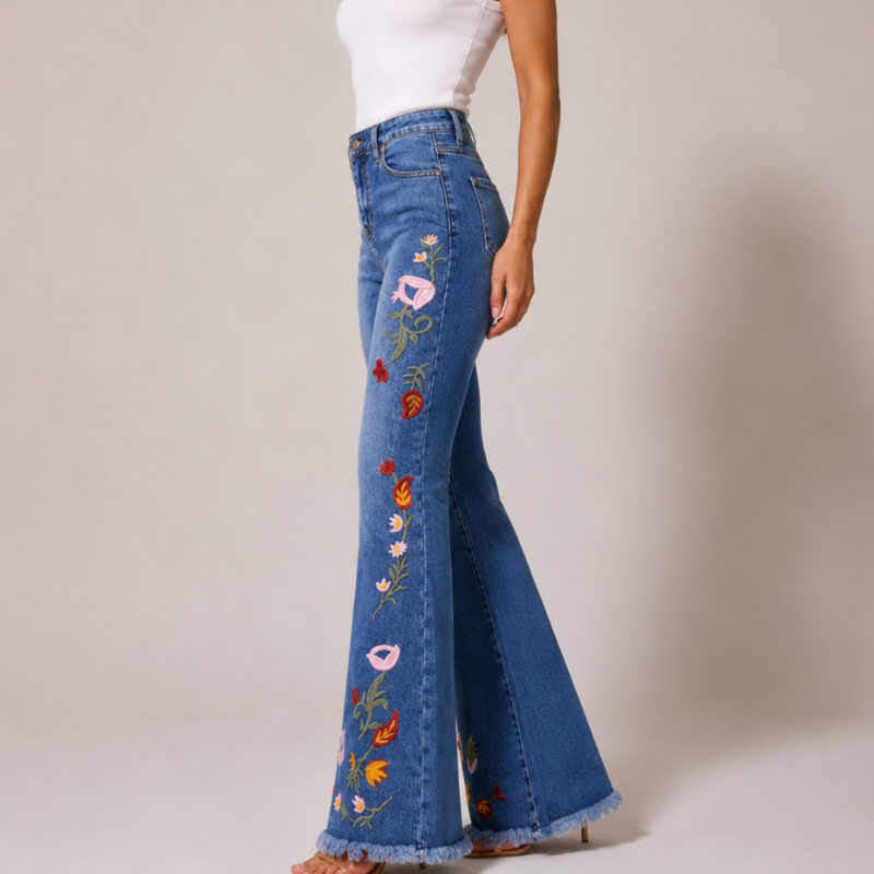 Women's red floral jeans side view — casual — Flora Embroidered Flare Jeans — Oscar Blackwood