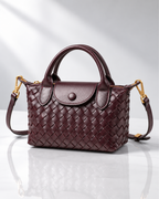 Women's burgundy woven handbag front view — everyday — Marguerite Woven Crossbody Handbag — Oscar Blackwood