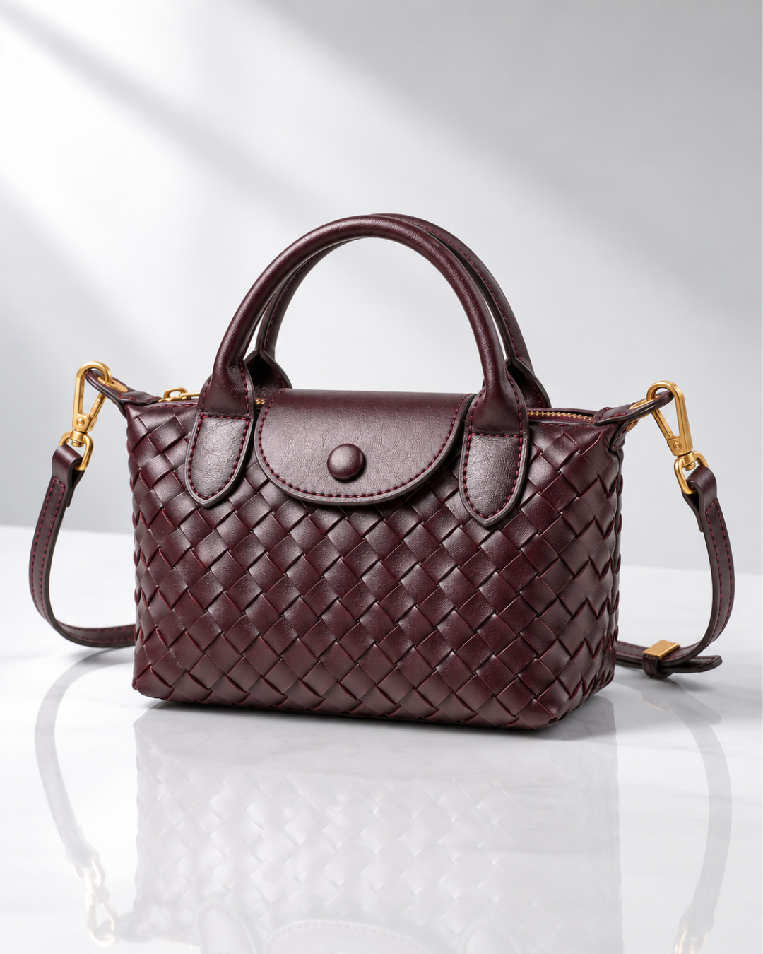 Women's burgundy woven handbag front view — everyday — Marguerite Woven Crossbody Handbag — Oscar Blackwood