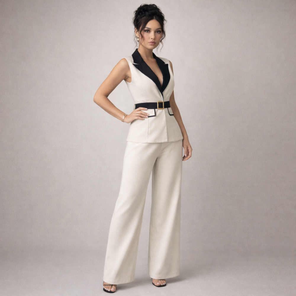 Women's white pants close-up — elegant — Angela Formal 2-Piece Set — Oscar Blackwood