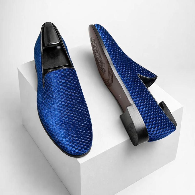 Men's blue velvet loafers back view — versatile — Benedict Velvet Flat Shoes — Oscar Blackwood