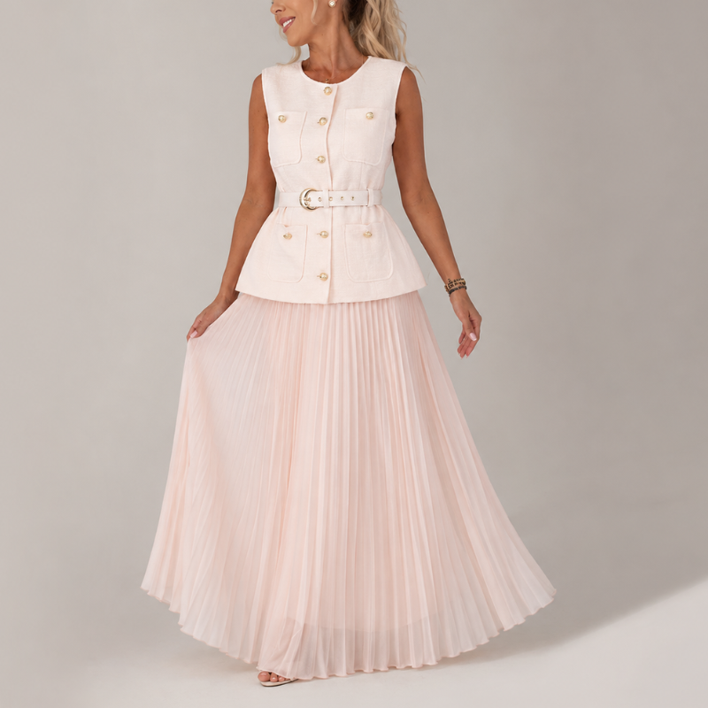 Women's pink chiffon dress close-up — chic — Cosette 2 Piece Set — Oscar Blackwood