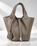Women's gray leather bag alternate angle — everyday — Mara Leather Bucket Bag — Oscar Blackwood