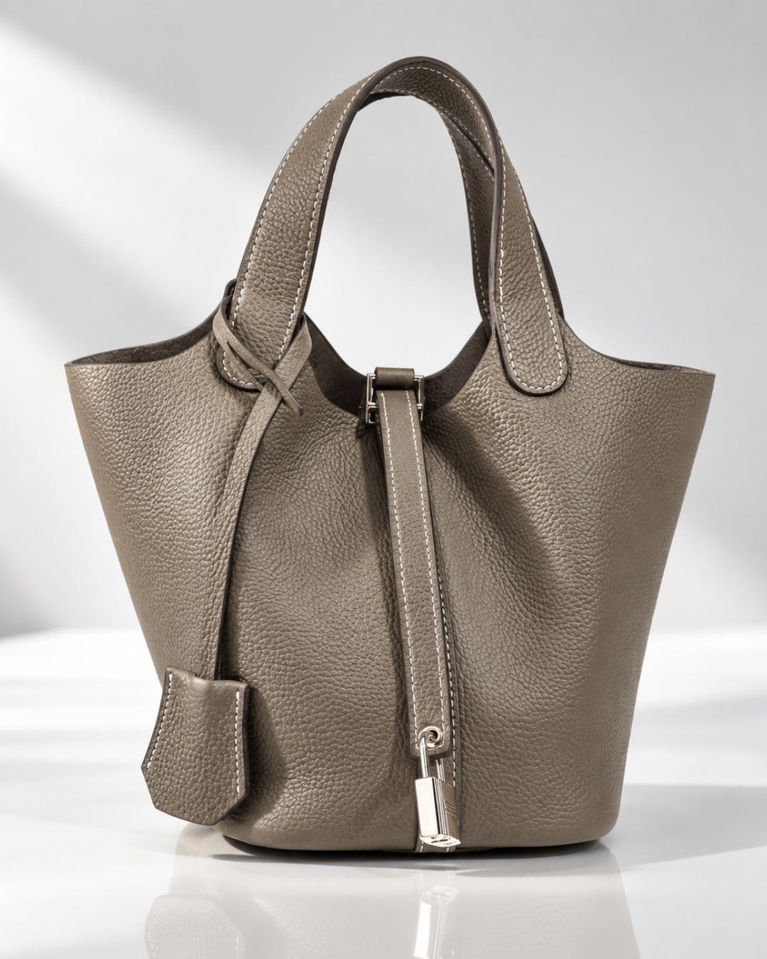 Women's gray leather bag alternate angle — everyday — Mara Leather Bucket Bag — Oscar Blackwood