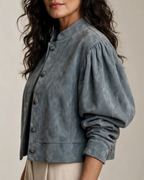 Women's suede jacket styled look — outerwear — Vivian Suede Bomber — Oscar Blackwood