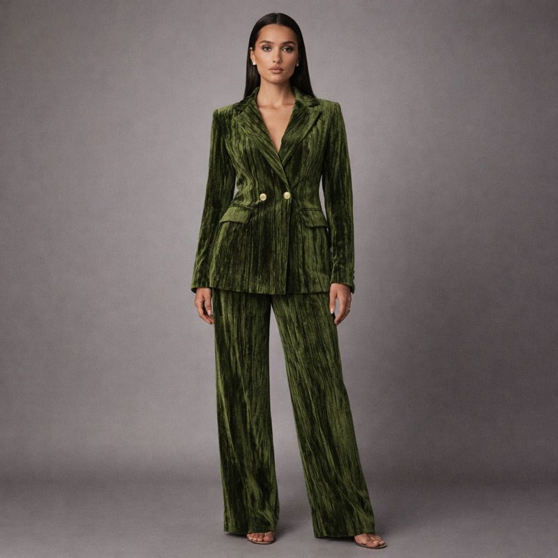 Women's army-green velvet pants alternate angle — versatile — Ruby Velvet 2 Piece Set — Oscar Blackwood
