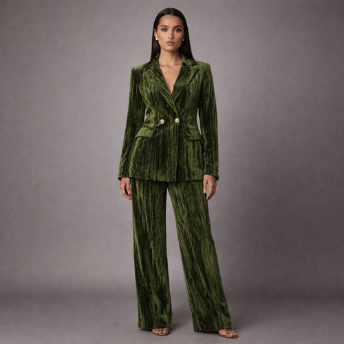 Women's army-green velvet pants alternate angle — versatile — Ruby Velvet 2 Piece Set — Oscar Blackwood