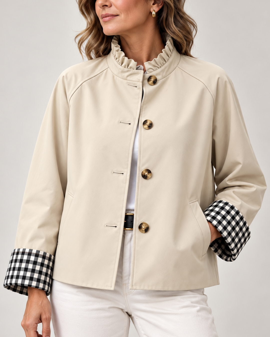 Women's khaki plaid jacket side view — outerwear — Audrey Plaid Jacket — Oscar Blackwood